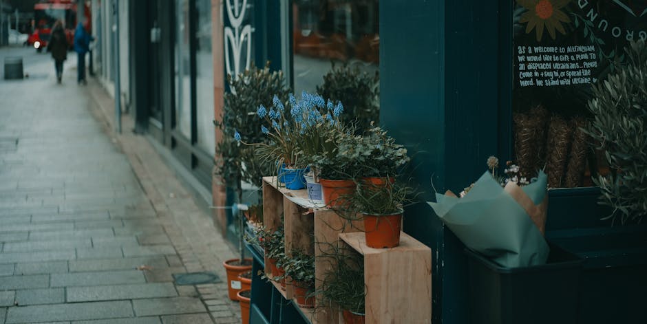 A display of potted plants and floral arrangements outside a shop along the sidewalk, featuring a variety of greenery and small flowers in terracotta and ceramic pots, placed on wooden shelves and a w
