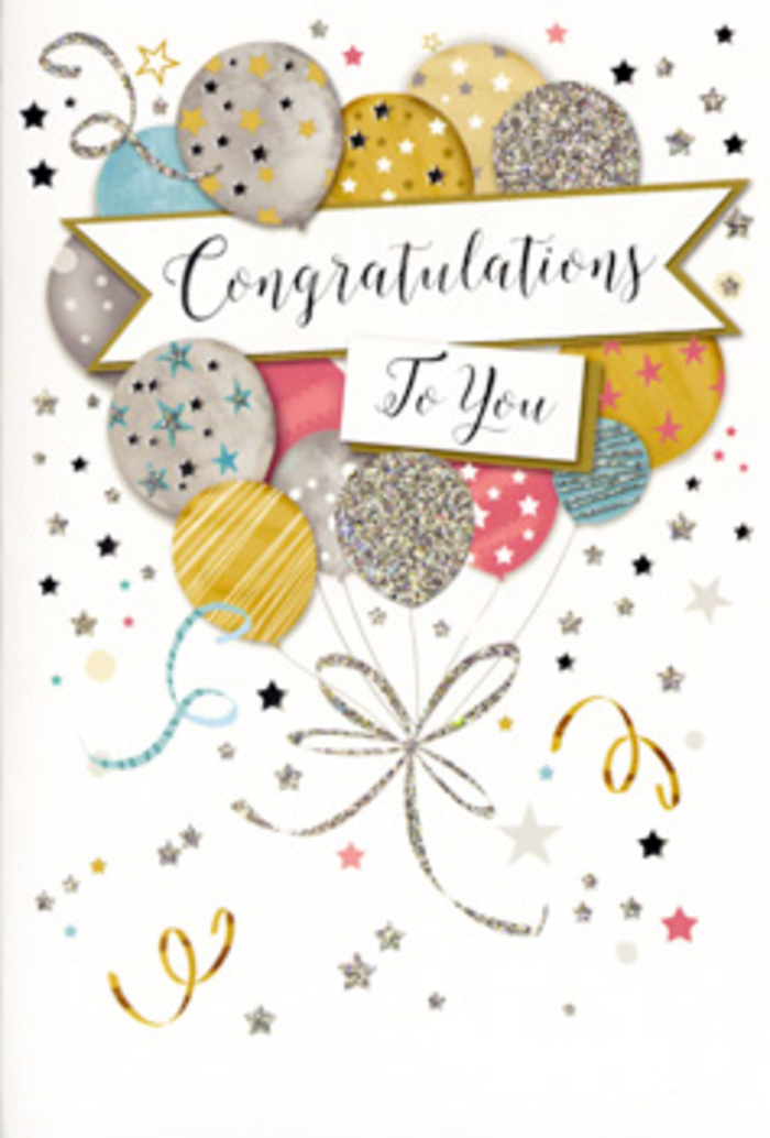 An elegant congratulations card is depicted, designed with the same care and layered detail you might notice in a well-curated window near Spitalfields. The central illustration gathers a bouquet of balloons that appear to float effortlessly upward, their rounded shapes overlapping slightly to create depth and movement. The colour palette is softly luxurious: warm gold, bright silver, champagne, sky blue, rose-tinted pink and muted grey, all rendered with a gentle metallic sheen. Each balloon has been given an individual character through pattern-some wear fine stripes, others show scattered stars or a delicate dusting of glitter-like dots, recalling the twinkle of lights around Old Spitalfields Market at dusk. Delicate strings in coordinated gold and silver descend from the cluster, curling at the ends like satin ribbon on a hand-tied bouquet prepared by Flowers Spitalfields. Around this central group, tiny stars, dots and swirling ribbons drift across a pale background, suggesting confetti and streamers suspended in mid-air at the height of a celebration. Cutting gracefully through the middle of the design is a curved banner, lettered with 'Congratulations To You' in flowing, ornamental script that conveys both admiration and affection. The illustration evokes a subtly tactile feel, as if raised metallic details and fine glitter would gently catch the light beneath your fingers. The overall mood is one of polished joy-a sophisticated yet heartfelt way to mark graduations, promotions, new ventures or creative achievements, perfectly in tune with the vibrant, forward-looking spirit of Spitalfields and ideal alongside a fresh, celebratory bouquet.