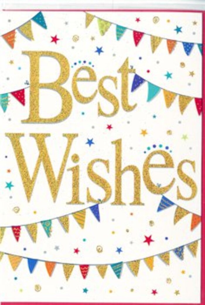 The congratulations card depicted here feels like a distilled Spitalfields celebration-elegant yet full of life, much like the streets around the market as they shift from day to evening. Dominating the centre, the words Best Wishes are scripted in sweeping golden calligraphy, each letter raised ever so slightly from the surface of the card. The gold embossing has a fine, glittering texture that glows gently when it catches the light, reminiscent of warm café windows and fairy lights strung above late-night gatherings off Commercial Street. Framing this central message, two graceful garlands of bunting trace arcs across the white background, one crowning the words and one cradling them from below. The tiny triangular flags are painted in bright, confident colours-royal blue, vivid red, lively green, and cheerful yellow-with some triangles decorated in slim stripes, others in scattered dots or more intricate, mosaic-like detailing. They give the impression of being handpicked and strung with care, like decorations thoughtfully arranged for a celebration in a local loft apartment. Dotted around the composition are minuscule stars and confetti-like circles, sprinkled lightly but purposefully in harmonising shades, suggesting a lingering sense of motion and festivity. The clean white card keeps everything feeling modern and spacious, allowing the colours and textures to stand out without overwhelming the eye. This card would look perfectly at home accompanying a bouquet delivered to celebrate a new job in the City, a successful market stall launch, or a creative milestone in one of Spitalfields' studios. Its mood is one of wholehearted congratulations, offering a warm, sparkling wish for luck and happiness on whatever path lies ahead.