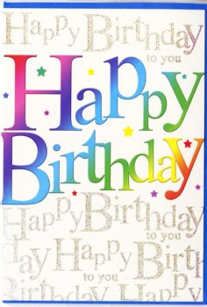 The scene captures a close-up of an elegantly playful birthday card, its design harmonising the exuberance of bright colour with the delicacy of fine script, much like the mix of creativity and tradition found around Spitalfields. Across the centre of the card, the words Happy Birthday dominate in large, rounded letters that feel friendly and welcoming. Each letter wears its own shade, creating a continuous rainbow that runs from rich crimson and berry tones through to pink, plum and royal purple, then dissolves into deep blue, teal and emerald before brightening into lime, mandarin and sunshine yellow. The gradation of colour flows smoothly, like a curated row of textiles or artworks in a nearby gallery space. Behind this lively rainbow title, the background is pale and warm, completely filled with looping golden handwriting that repeats Happy Birthday to you from top to bottom. The script is slender and refined, giving the impression of a heartfelt message written over and over, and it glows gently with a metallic sheen that suggests gold ink or subtle glitter. In the photograph, the finish of the card appears satin-smooth, but the central letters and some of the golden words seem slightly raised, hinting at a tactile layering that would reward a gentle touch. Tiny stars, sparkles and coloured specks are scattered across the design, like confetti dropped after a burst of laughter at a birthday gathering near Spitalfields Market. The overall effect is one of warm, inclusive celebration: the rainbow typography offers immediate joy, while the softly shimmering script wraps the message in affection and care. It feels like the sort of card chosen to accompany a colourful, hand-tied bouquet delivered locally, turning an ordinary birthday greeting into a small, treasured keepsake.