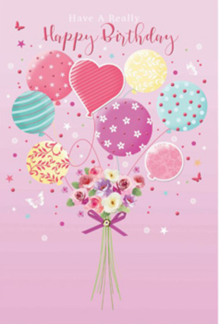 This birthday artwork captures the gentle excitement of a celebration near Spitalfields, rendered in soft pastel tones and delicate details. Against a warm rose-pink backdrop, a cluster of balloons rises as if drifting above the old brick buildings and bustling market below. Each balloon carries a slightly different design yet blends effortlessly into the whole: some are wrapped in curling, candy-like stripes of teal and lemon; others are dotted with cheerful spots; and a few are decorated with tiny flowers and whimsical patterns that echo the artistry of handmade cards found in local boutiques. The palette stays light and joyful, with pinks, sea greens, lavenders, and hints of sunshine yellow glowing softly together. Tethered at the bottom is a compact bouquet, hand-tied with the care of an experienced florist. The flowers include small roses and daisy-like blooms with petals shaded from creamy ivory to blush and mauve, their velvety surfaces suggesting freshly opened buds, as if they've just been prepared for a birthday surprise around Spitalfields. A rich purple satin bow gathers the stems, its gentle shine giving a sense of occasion, like the final flourish added just before a bouquet leaves the shop for delivery. Surrounding the arrangement are scattered star shapes and delicate butterflies, suggesting movement and a touch of fairy-tale charm. The entire composition radiates warmth, tenderness, and quiet happiness - an image that feels like a heartfelt birthday greeting turned into art, celebrating not only the special day but also the creativity and character of the local neighbourhood.