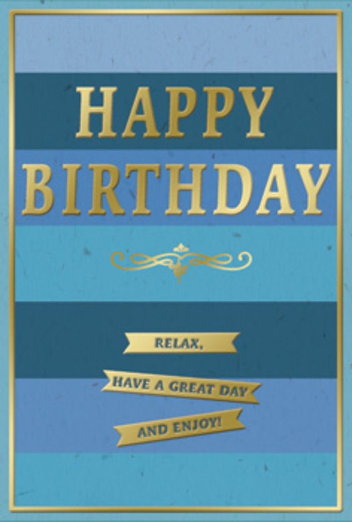 This contemporary birthday card, ideal for pairing with flowers delivered around Spitalfields, is a study in calm blues and graceful gold. The front surface is divided into wide horizontal bands, each one a subtly different shade of blue, blending from deep navy through denim and teal to a gentle, cloud-like sky blue at the lower edge. The stripes flow into one another to create a soothing ombre effect, reminiscent of the shifting light above the rooftops near Spitalfields Market as day slowly gives way to evening. Front and centre, the greeting HAPPY BIRTHDAY stretches across the card in large, embossed capital letters. The metallic gold lettering is clean and modern, slightly raised so that it would feel tactile beneath the fingertips, and finished with a soft sheen that glows warmly when it catches the light. Just beneath the primary message, an elegant golden flourish provides a decorative pause-a curving, symmetrical motif that hints at the decorative craftsmanship found on historic buildings and railings scattered around the Spitalfields area. Below this flourish, three narrow golden banners are stacked with precise spacing. Each banner bears a short, heartfelt wish, gently encouraging the recipient to relax, enjoy their day, and take time for themselves, much like lingering over a slow breakfast in a local café. A slim gold line frames the entire design at the perimeter, pulling the stripes and text together into a cohesive, balanced composition. The card stock appears thick, smooth, and softly matte, suggesting a quietly luxurious feel in the hand. Overall, the card conveys an atmosphere of thoughtful, unhurried celebration, perfectly suited to marking a birthday with grace and warmth in Spitalfields.