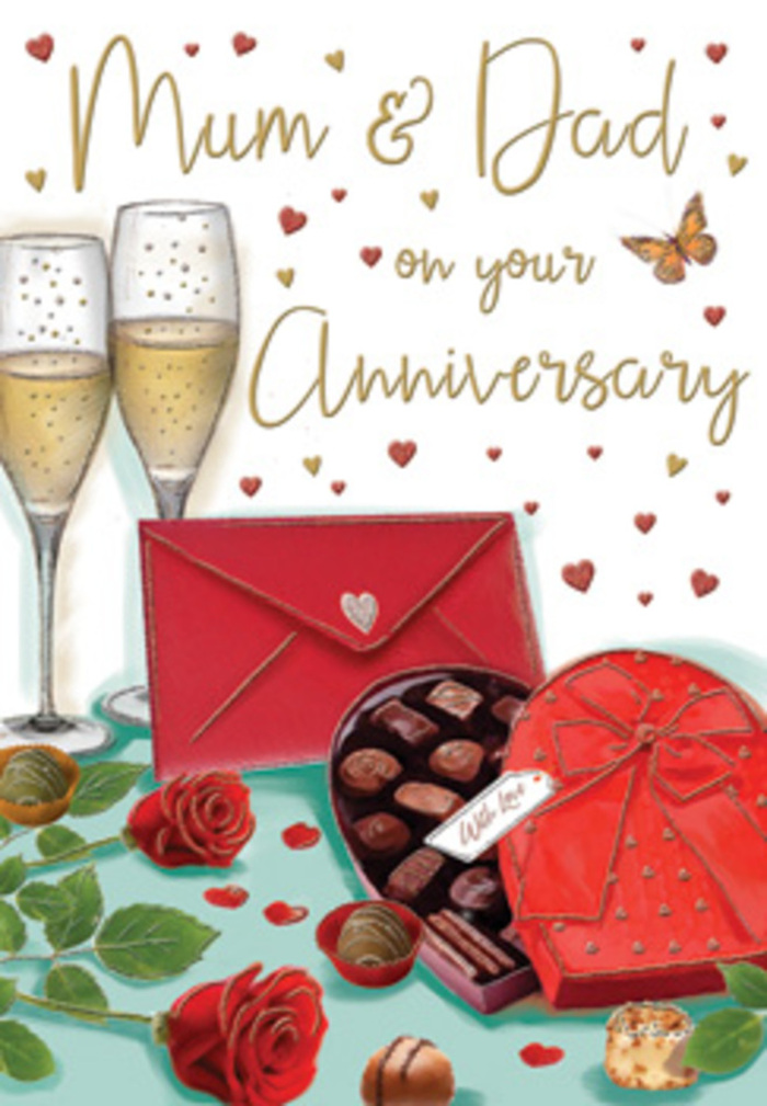 In this richly detailed anniversary card illustration, every element works together to tell a story of enduring love and family warmth, as if set in a Spitalfields home where celebrations spill out from the kitchen table. Two slender champagne flutes rise from the centre, their transparent glass capturing reflections of soft, ambient light. They are filled with pale golden champagne, tiny bubbles rising in delicate streams that shimmer as though about to reach the rim at the moment of a heartfelt toast. Just in front, a heart-shaped chocolate box in deep, romantic red sits open, its interior lined with neatly arranged chocolates that vary slightly in shape and shade, giving a sense of abundance and indulgence. A lavish red satin bow stretches across the lid, its loops and trailing ends rendered with detailed highlights and shadows suggesting a thick, silky texture you can almost feel. To one side, two red roses nestle among their own rich, dark green foliage, the petals softly layered and velvety, like blooms carefully selected by an experienced local florist who knows how to create an unforgettable anniversary bouquet for families around Spitalfields and Shoreditch. Dotted across the gently glowing background are small hearts in crimson and soft gold, sprinkled like confetti and guiding the eye to a hand-lettered dedication for Mum & Dad, written in warm, flowing script. Nearby, a bright scarlet envelope lies patiently, securely sealed, hinting at affectionate messages inside - perhaps notes from children recalling days at Spitalfields Market or Sunday treats around Brick Lane. The warm palette of reds, golds and creams, along with the careful shading, creates an atmosphere of candlelit intimacy, blending the imagined scent of roses with chocolate sweetness and the sound of clinking glasses shared by parents whose love has quietly anchored the family over many years.