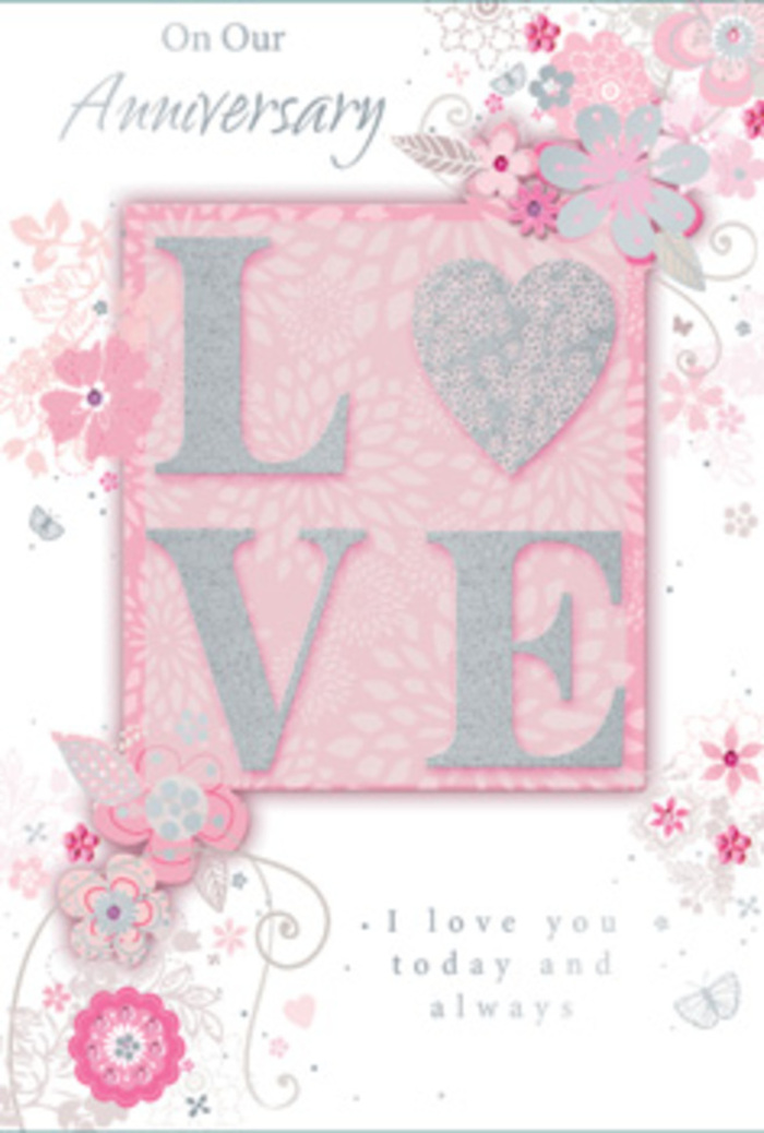 This anniversary card feels like stepping into a quiet, sun-filled corner of Spitalfields on a calm morning, where light spills gently over old brick and new blossoms. At the centre of the design, the word LOVE takes pride of place, rendered in tall, elegant letters dusted with a frosted, glittery finish. The glitter is fine and carefully applied, giving a subtle, crystalline sheen that shifts as the card is tilted. Each letter is raised from the surface, so when you run your fingers over the word, there's a satisfying sense of depth and contour, like tracing the edges of a sculpted petal. Around this central motif, wispy, hand-drawn blooms meander along the borders, their petals painted in shades of pink, lilac, and creamy ivory that blend effortlessly into one another. Soft sprays of foliage and tiny clusters of blossoms seem to drift down the card like gently falling confetti. Intertwined with the flowers are delicate flourishes-fine filigree lines, dainty leaves, and tiny butterfly shapes that almost hide within the pattern, waiting to be discovered. This kind of delicate detailing recalls the close attention a florist pays when choosing each stem for an anniversary bouquet to be delivered to a warehouse loft or Georgian terrace near Spitalfields. The background is a warm blush, diffused like a watercolour wash, giving the impression of filtered sunlight. Nestled within the design, in an understated serif script, is the message I love you today and always. The lettering feels composed and calm, echoing the steady, enduring nature of long-term love. Taken together, the card is more than a greeting; it's a paper bouquet-quietly radiant, lovingly detailed, and steeped in gentle emotion.