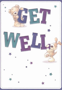 This get well card instantly invokes a gentle sense of comfort-a feeling often found among neighbours in Spitalfields' bustling markets. At the heart of the card, a cuddly teddy playfully perches atop the word 'GET', while a vivacious puppy nuzzles the bold 'WELL' below, both rendered with expressive charm and round, comforting lines. Their little faces radiate hope and warmth, conjuring the affectionate community spirit so unique to Spitalfields. The bold text, awash in varying shades of indigo, purple, and teal, pops clearly against a crisp white expanse, capturing an airy clarity and vibrancy. Scattered stars shimmer in gentle blues and violets, echoing the magical possibility one might find strolling through Spitalfields' creative lanes. The soft, plushy textures are as inviting as a favourite blanket, each visual detail crafted with the same care found in a bouquet from a trusted local florist. Like a well-chosen gift from the heart of the East End, this card is meant to encourage, comfort, and brighten the day of anyone on the mend.