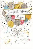 The scene captured in this image is a joyful congratulations card that feels perfectly at home amid the artistic, celebratory vibe of Spitalfields. At its heart is a charming cluster of illustrated balloons, gathered like a bouquet and drifting upward toward the top of the card. The balloons shine in an array of delicate metallic shades-deep yet soft gold, cool silver, champagne, sky blue, gentle pink and a touch of muted grey-each shaded with care so they appear rounded and gently glowing. Every balloon is adorned with a distinctive pattern: slender shimmering stripes, scattered star motifs or fine glitter-like speckles that suggest a subtle sparkle, as if catching light from nearby market stalls. From their bases, trailing gold and silver strings curl downward with an easy grace, reminiscent of the curling ribbon used to finish a gift ordered for delivery around Spitalfields and Shoreditch. Around the floating balloons, small metallic stars, dots and looping ribbon shapes drift across a light, creamy background, giving the impression of confetti and streamers mid-twirl at a party's high point. A softly curved banner crosses the centre, inscribed with 'Congratulations To You' in elegantly flowing calligraphy that feels warm, sincere and just formal enough for life's bigger milestones. The artwork suggests the pleasing sensation of lightly textured glitter and smooth, glossy ink under your fingertips as you open the card beside a bouquet. Altogether, the image radiates an uplifting blend of pride, joy and celebration-ideal for marking new jobs, exam results, promotions or creative successes in the Spitalfields area.