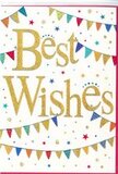 The card in the image captures the easy-going joy of a Spitalfields celebration, like a moment paused amid the bustle of the market and surrounding streets. At the centre, the phrase Best Wishes appears in luxuriously curved golden handwriting, the letters embossed to create a soft, raised texture that invites the fingertips. The gold sparkles with a fine, subtle glitter, catching the light in a way that feels more like a gentle shimmer than a flash, echoing the glow of evening lights along Brushfield Street. Enveloping the words, two elegant strings of bunting sweep in arcs across a crisp white background, one above and one below, framing the message like festive borders. Each pennant is a small triangle of intense colour-cobalt blue, scarlet red, fresh green, and bright yellow-some adorned with neat stripes, others sprinkled with dots or tiny geometric accents, lending the card a handcrafted, artisan flair that suits this creative East London neighbourhood. All around, dainty stars and confetti-style dots are scattered in corresponding colours, drifting loosely across the card as if suspended mid-air during a moment of laughter and applause. The generosity of white space keeps the composition clean and contemporary, allowing the celebratory elements to shine without ever feeling cluttered. It is an ideal card to pair with flowers sent to congratulate a new business near Spitalfields Market, mark an exciting move into a nearby flat, or celebrate any treasured milestone. The overall feeling is warmly encouraging and quietly exuberant, a paper gesture that says, with sincerity and sparkle, that someone is proud of you.