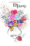 This Mother's Day card captures the exuberance of a fresh, hand-tied bouquet in swirling watercolour, as if painted after a morning wander through Spitalfields' flower stalls. Lush purples, playful pinks, radiant reds, and calming blues blend into one another, each bloom loosely rendered so that the petals feel soft and full of movement. Indigo lines trace around some of the flowers and leaves, giving gentle structure without losing the freedom of the brush, while small pools of colour deepen in places to suggest layered petals and overlapping stems. Fine threads of gold highlight the edges of petals and the suggestion of foliage, creating a subtle shimmer that recalls lamplight on a shop window along Commercial Street at dusk. Tiny coloured speckles and sketched heart shapes drift around the main bouquet, echoing the joyful mess of petals and paper scraps left behind after wrapping flowers for delivery. All of this lively colour rests inside a simply drawn vase with smooth, rounded sides, cinched at the neck with an elegant golden bow that hints at the skilled hands of Flowers Spitalfields preparing something special for a local family. The surrounding white space lets the bouquet breathe, making the colours feel bright, airy, and full of hope. Emotionally, the illustration conveys warmth, appreciation, and the anticipation of handing over a beautiful arrangement on Mother's Day, a painted echo of the real blooms that find their way from Spitalfields homes to beloved mums across the neighbourhood.
