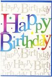 A colourful birthday card fills the frame, its design radiating the same lively charm you might feel wandering through Spitalfields on a bright afternoon. The words Happy Birthday stretch boldly across the centre in large, inviting letters, each one cloaked in a different vibrant shade so the phrase becomes a ribbon of rainbow colour. Deep reds slide into punchy pinks and plums, then soften into violet and midnight blue before lightening into turquoise, fresh green, juicy orange and lemon yellow, echoing the variety of hues seen in market stalls and street art nearby. Behind this joyful headline, the entire background is layered with delicate golden writing, repeating Happy Birthday to you in a flowing cursive script that runs from edge to edge. The gold lettering has a soft metallic shimmer, as if brushed with fine glitter or foil, catching the light like the glint of evening sun on windows around Spitalfields Market. The card's surface looks smooth with a subtle sheen, yet the central rainbow letters appear just a little raised, giving a gentle sense of depth and texture. Small, colourful specks and starry shapes are scattered across the design, hinting at confetti and celebration, as though the moment of singing and candle-blowing has been captured on paper. The composition feels carefully balanced: the bold, youthful typography delivers instant excitement, while the repeated golden phrase adds tenderness, like many voices quietly joining in the same birthday wish. It's easy to imagine this card nestled beside a fresh, seasonal bouquet from Flowers Spitalfields, ready to be hand-delivered to a birthday breakfast, studio gathering, or evening party in the local neighbourhood.