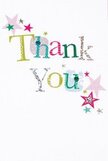 There's an inviting, gentle joy to this thank you card-a sense that every element was chosen to delight, much like the curated finds at Spitalfields' independent shops. The phrase 'Thank You' dances across the card in lively, textured typography: some letters shimmer in silver, others glow in sunlit yellow, spring green, or clear blue. Patterns of tiny polka dots and fine stitch lines add a handcrafted richness, calling to mind the creativity that thrives in Spitalfields' studio spaces. Around the greeting, a sprinkling of stars in shades of teal, pink, and soft gold seem to orbit the message, infusing the design with subtle movement and a celebratory tone. The pristine white background appears almost luminous in the morning light, amplifying every bold colour and detail without creating clutter. The arrangement feels spacious and thoughtful, like the airy layout of a welcoming flower shop. This card suggests sincere, effortless gratitude-a perfect accompaniment to a thanks-giving bouquet handed to a friend near Spitalfields Market or left on a neighbour's doorstep. The glittering finishes and soft textures encourage touch, making the sentiment feel immediate. With this card, appreciation isn't just written; it's experienced-a celebration of connection expressed in the most vibrant, local way.