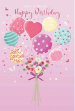 A softly magical birthday scene is illustrated against a blush-pink canvas, reminiscent of the warm atmosphere around Spitalfields on a sunny afternoon. In the centre, a cluster of pastel balloons appears to buoy a hand-tied bouquet gently upward, as though the flowers are floating above the market's colourful stalls. The balloons glow in muted tones of rose, minty green, pale lemon, and lavender, each one decorated with playful patterns - swirling stripes like party streamers, lively polka dots that scatter across the surface, and dainty floral and heart motifs suggesting affection and joy. Their glossy finish hints at reflections from nearby windows and cobbled streets. Held together at the base, the bouquet features petite roses and anemone-style blossoms in creamy ivory, blush pink, and soft mauve, nestled closely so their velvety petals overlap in a lush, rounded cluster. The flowers feel fresh and full of life, evocative of blooms just chosen by a florist for a same-day birthday delivery in the Spitalfields area. A violet satin bow is tied neatly around the stems, adding a refined yet whimsical touch, its sheen echoing the shine of the balloons above. Tiny star shapes and fluttering butterflies are scattered around the composition, lending an air of daydream and celebration. The overall mood is one of lightness, happiness, and thoughtful care - like a birthday greeting that has taken flight, lovingly crafted by local hands to brighten someone's special day near Spitalfields Market.