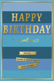 This beautifully balanced birthday card combines tranquil shades of blue with soft metallic gold, evoking the relaxed charm of a Spitalfields afternoon. The front is composed of broad, horizontal blue stripes that merge seamlessly from deep navy at the top to a gentle, airy sky blue at the bottom, with denim and teal tones in between. The gradual shift in colour creates a calm ombre effect, a little like watching the sky change above Old Spitalfields Market as the light moves. At the centre, the greeting HAPPY BIRTHDAY appears in bold, embossed gold capital letters. The metallic finish is warm and refined, catching the light in subtle gleams as the card is tilted, and the raised texture of the text offers a tactile contrast against the smooth, matte surface beneath. Directly below this main message sits an ornate golden flourish, a delicate curve and loop motif that recalls classic calligraphy and decorative signage tucked along nearby streets. Beneath the flourish, three slim gold banners are arranged one below the other, each carrying a short, encouraging phrase that invites the recipient to relax, enjoy the moment, and truly savour their day. A fine gold border encircles the entire front of the card, framing the ombre stripes as though they were a piece of minimalist artwork. The card stock itself appears thick, smooth, and slightly velvety to the touch, conveying a sense of quiet quality. The overall impression is of a thoughtful, serene birthday greeting-perfect to accompany a bouquet from Flowers Spitalfields, delivered to someone special living or working near the market.