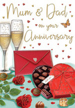 The anniversary card artwork presents a romantic tabletop scene that feels both elegant and homely, not unlike a quiet evening celebration in a Spitalfields flat just off Commercial Street. At the centre, two tall champagne flutes stand close together, their slim stems and gently flared rims catching soft highlights. They are filled almost evenly with pale golden champagne, where trails of tiny bubbles shimmer upwards, as if a toast for Mum & Dad is about to begin. Positioned just in front is a heart-shaped box of chocolates in a rich shade of crimson red. The lid is slightly open, revealing carefully aligned rows of chocolates, each truffle illustrated with soft shine and shadow to convey glossy, indulgent surfaces. A full-bodied red satin bow wraps around the box, its loops lush and voluminous, the ribbon tails resting in graceful curves across the tabletop. To one side, two red roses with velvety, layered petals lie serenely among deep green leaves, resembling freshly cut stems selected from a local Spitalfields florist who understands how to create a truly meaningful anniversary gesture. Scattered lightly across the warm, cream-toned background are tiny hearts in gold and red, like festive confetti floating in mid-air, framing a flowing, hand-lettered message dedicated to loving parents. At the lower edge sits a scarlet envelope, crisply sealed and slightly turned, suggesting a personal note filled with memories of family life, perhaps weekend wanderings around Spitalfields Market or cosy evenings at home. The entire composition glows with warm reds and soft golden tones, evoking the clink of glasses, the shared sweetness of chocolate, and the comforting sense of a long, well-loved marriage celebrated quietly among family.